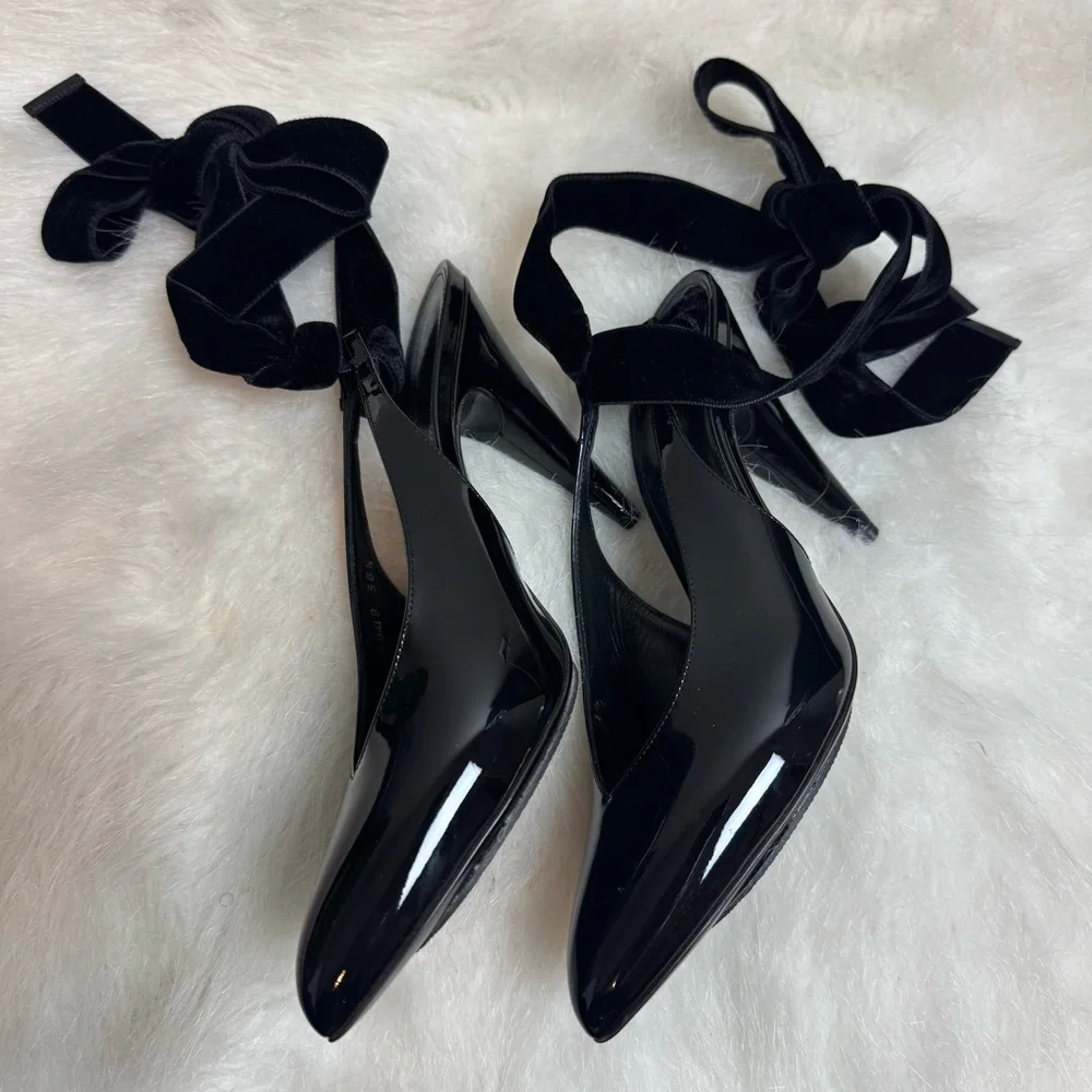 Saint Laurent Kika 55 Lace Up Patent Leather Sling Back Heels - Picture 6 of 11
